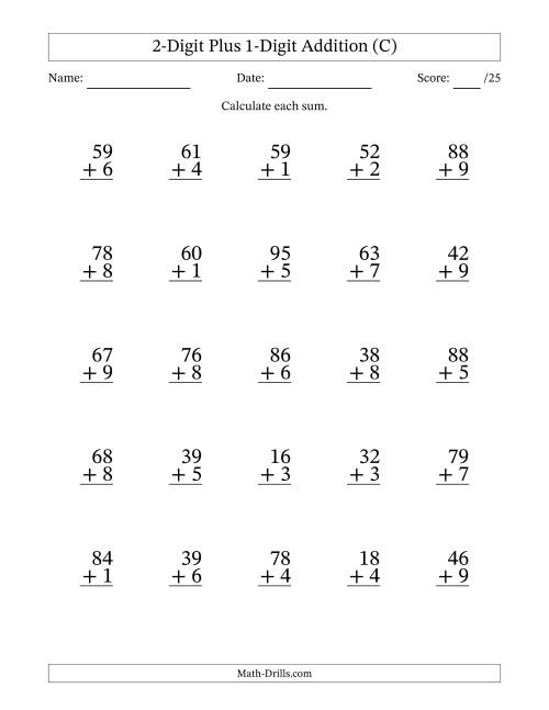 The 2-Digit Plus 1-Digit Addition With Some Regrouping (25 Questions) (C) Math Worksheet
