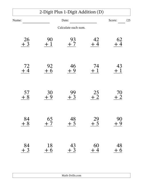 The 2-Digit Plus 1-Digit Addition With Some Regrouping (25 Questions) (D) Math Worksheet