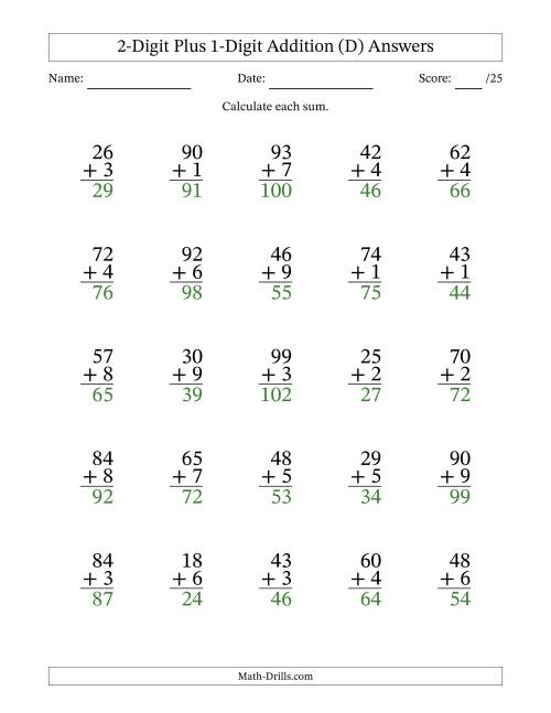 The 2-Digit Plus 1-Digit Addition With Some Regrouping (25 Questions) (D) Math Worksheet Page 2