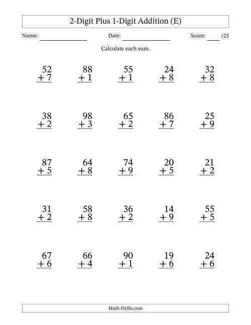 The 2-Digit Plus 1-Digit Addition With Some Regrouping (25 Questions) (E) Math Worksheet