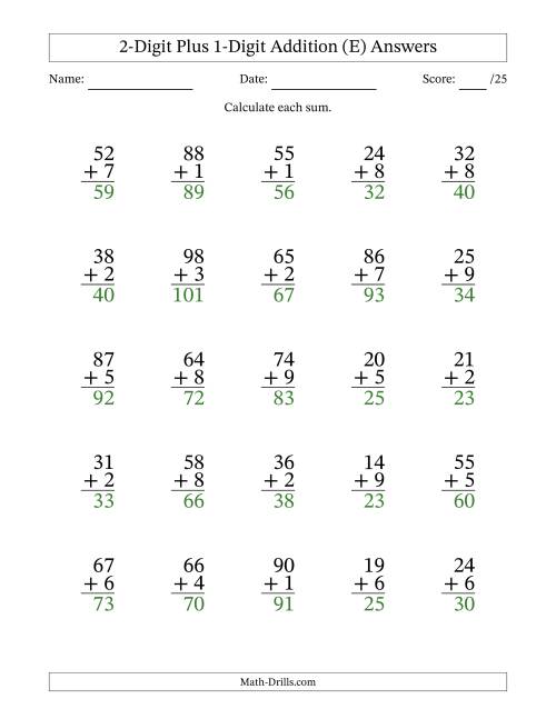 The 2-Digit Plus 1-Digit Addition With Some Regrouping (25 Questions) (E) Math Worksheet Page 2