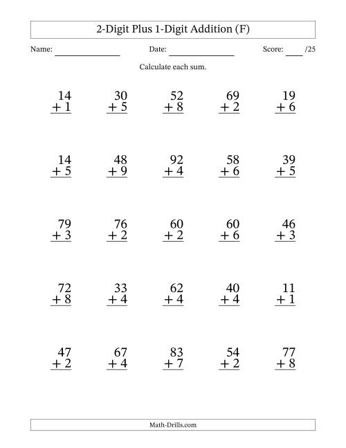 The 2-Digit Plus 1-Digit Addition With Some Regrouping (25 Questions) (F) Math Worksheet