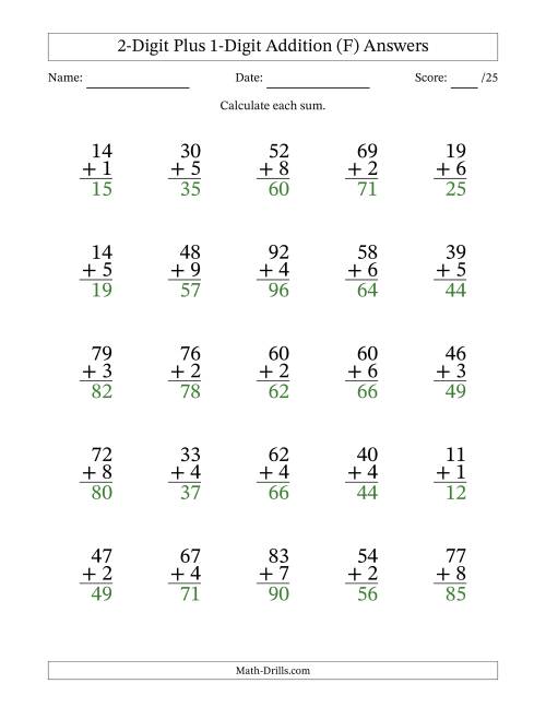 The 2-Digit Plus 1-Digit Addition With Some Regrouping (25 Questions) (F) Math Worksheet Page 2