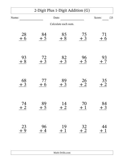 The 2-Digit Plus 1-Digit Addition With Some Regrouping (25 Questions) (G) Math Worksheet