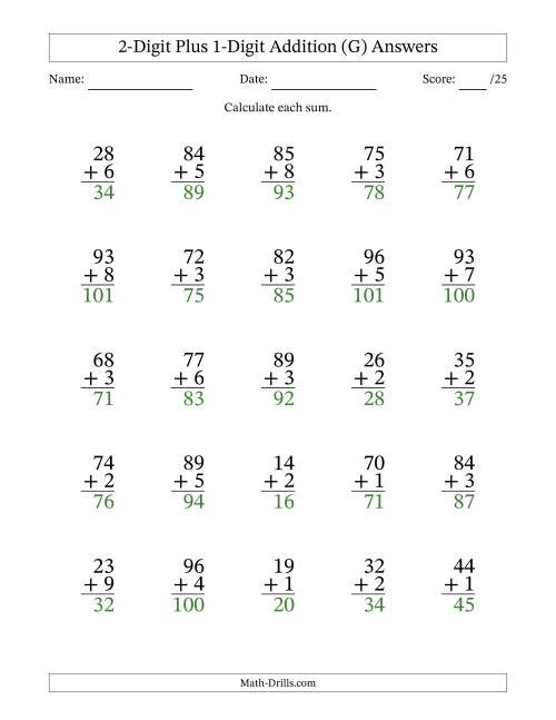 The 2-Digit Plus 1-Digit Addition With Some Regrouping (25 Questions) (G) Math Worksheet Page 2