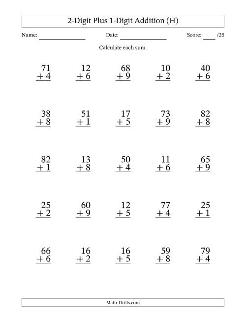 The 2-Digit Plus 1-Digit Addition With Some Regrouping (25 Questions) (H) Math Worksheet