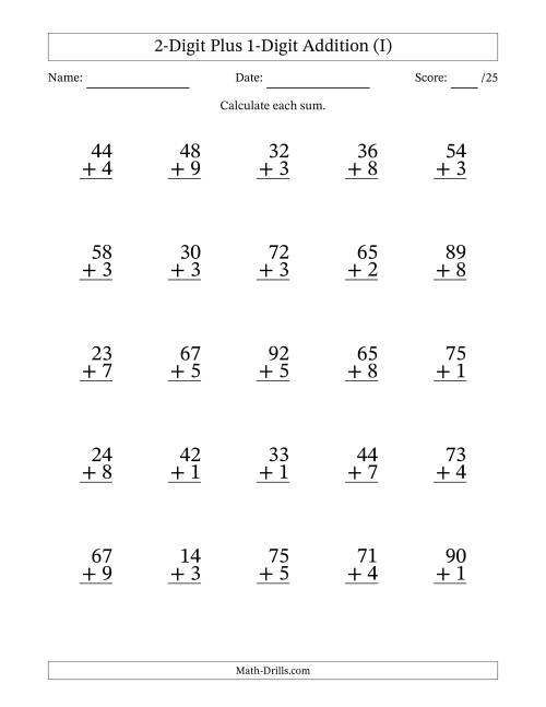 The 2-Digit Plus 1-Digit Addition With Some Regrouping (25 Questions) (I) Math Worksheet