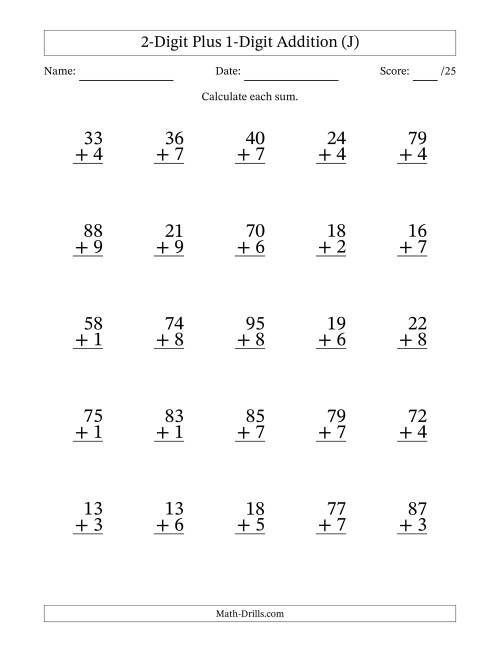 The 2-Digit Plus 1-Digit Addition With Some Regrouping (25 Questions) (J) Math Worksheet