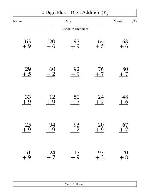 The 2-Digit Plus 1-Digit Addition With Some Regrouping (25 Questions) (K) Math Worksheet