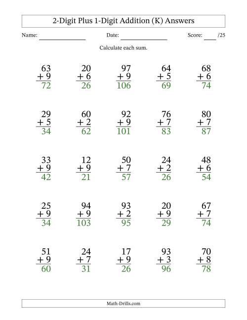 The 2-Digit Plus 1-Digit Addition With Some Regrouping (25 Questions) (K) Math Worksheet Page 2
