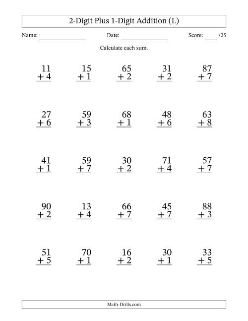 The 2-Digit Plus 1-Digit Addition With Some Regrouping (25 Questions) (L) Math Worksheet