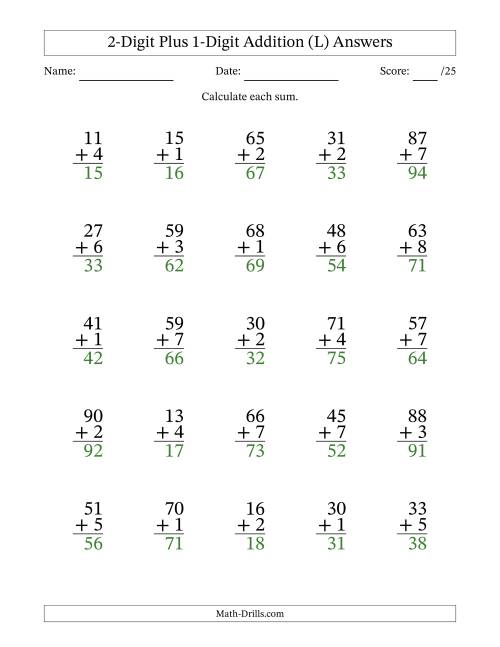 The 2-Digit Plus 1-Digit Addition With Some Regrouping (25 Questions) (L) Math Worksheet Page 2
