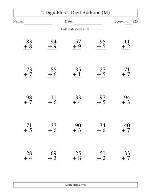 The 2-Digit Plus 1-Digit Addition With Some Regrouping (25 Questions) (M) Math Worksheet