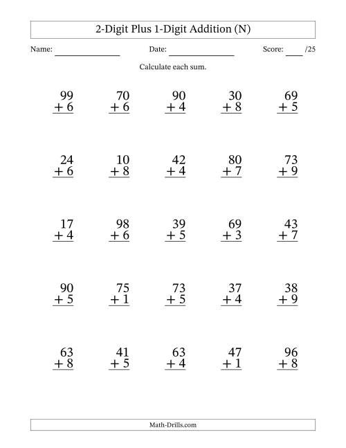 The 2-Digit Plus 1-Digit Addition With Some Regrouping (25 Questions) (N) Math Worksheet