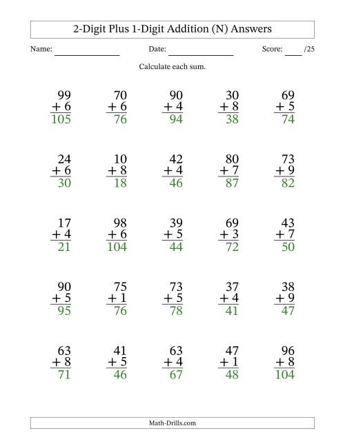 The 2-Digit Plus 1-Digit Addition With Some Regrouping (25 Questions) (N) Math Worksheet Page 2