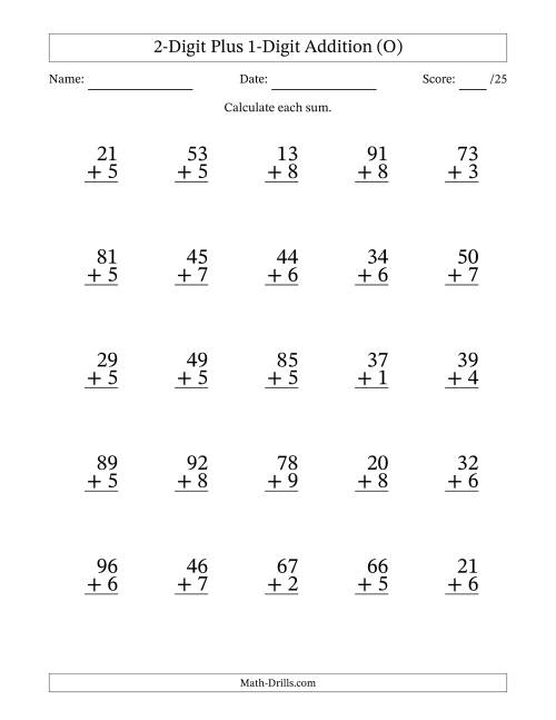 The 2-Digit Plus 1-Digit Addition With Some Regrouping (25 Questions) (O) Math Worksheet