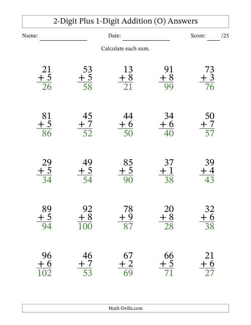 The 2-Digit Plus 1-Digit Addition With Some Regrouping (25 Questions) (O) Math Worksheet Page 2
