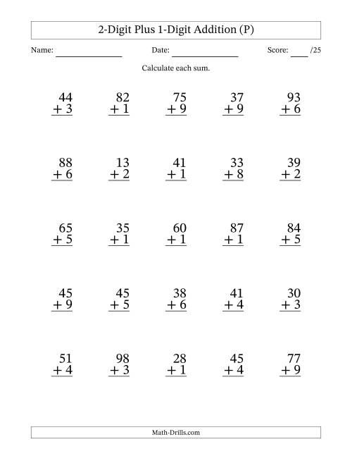 The 2-Digit Plus 1-Digit Addition With Some Regrouping (25 Questions) (P) Math Worksheet