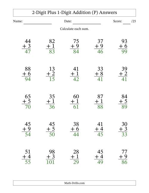 The 2-Digit Plus 1-Digit Addition With Some Regrouping (25 Questions) (P) Math Worksheet Page 2