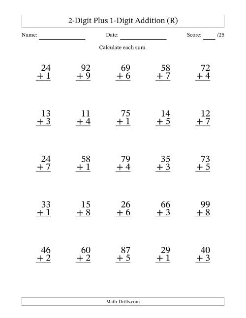 The 2-Digit Plus 1-Digit Addition With Some Regrouping (25 Questions) (R) Math Worksheet