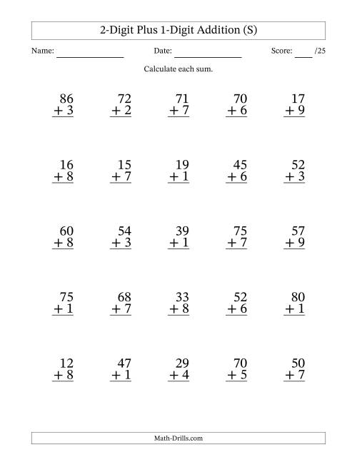 The 2-Digit Plus 1-Digit Addition With Some Regrouping (25 Questions) (S) Math Worksheet