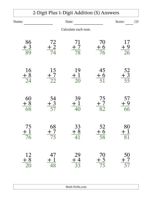 The 2-Digit Plus 1-Digit Addition With Some Regrouping (25 Questions) (S) Math Worksheet Page 2