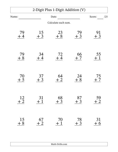 The 2-Digit Plus 1-Digit Addition With Some Regrouping (25 Questions) (V) Math Worksheet