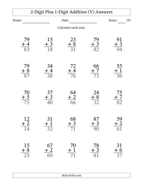 The 2-Digit Plus 1-Digit Addition With Some Regrouping (25 Questions) (V) Math Worksheet Page 2
