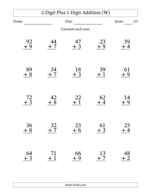 The 2-Digit Plus 1-Digit Addition With Some Regrouping (25 Questions) (W) Math Worksheet