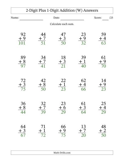 The 2-Digit Plus 1-Digit Addition With Some Regrouping (25 Questions) (W) Math Worksheet Page 2