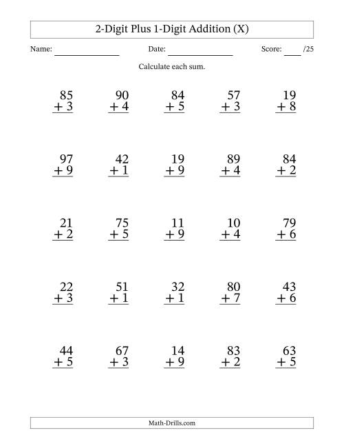 The 2-Digit Plus 1-Digit Addition With Some Regrouping (25 Questions) (X) Math Worksheet