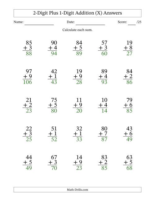The 2-Digit Plus 1-Digit Addition With Some Regrouping (25 Questions) (X) Math Worksheet Page 2