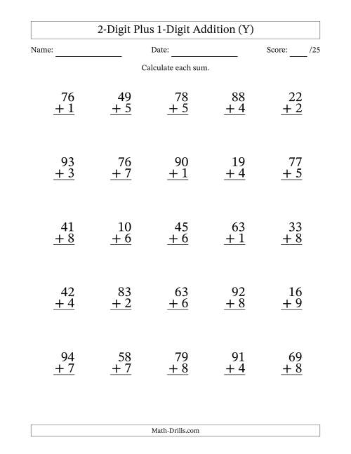 The 2-Digit Plus 1-Digit Addition With Some Regrouping (25 Questions) (Y) Math Worksheet
