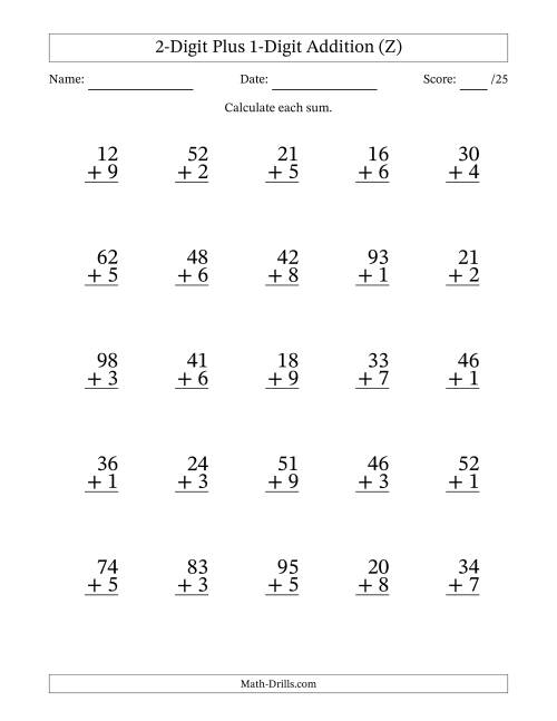 The 2-Digit Plus 1-Digit Addition With Some Regrouping (25 Questions) (Z) Math Worksheet