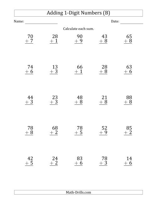 The 2-Digit Plus 1-Digit Addition with SOME Regrouping (Sums Less Than 100) (B) Math Worksheet