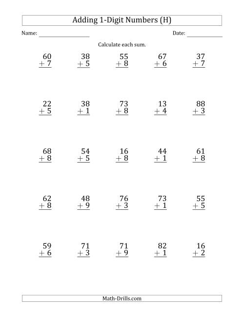 The 2-Digit Plus 1-Digit Addition with SOME Regrouping (Sums Less Than 100) (H) Math Worksheet