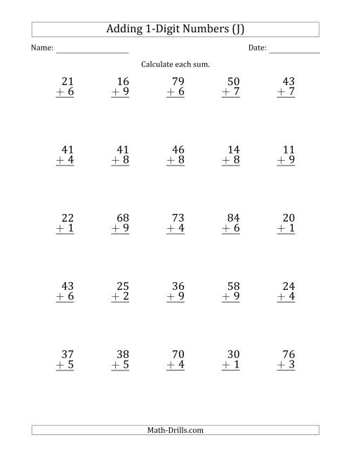 The 2-Digit Plus 1-Digit Addition with SOME Regrouping (Sums Less Than 100) (J) Math Worksheet