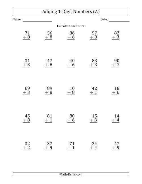 The 2-Digit Plus 1-Digit Addition with SOME Regrouping (Sums Less Than 100) (All) Math Worksheet