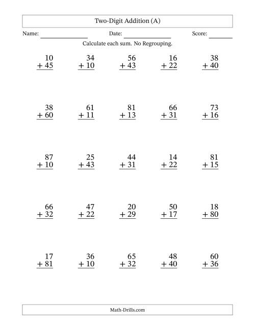 The 2-Digit Plus 2-Digit Addition with NO Regrouping (A) Math Worksheet