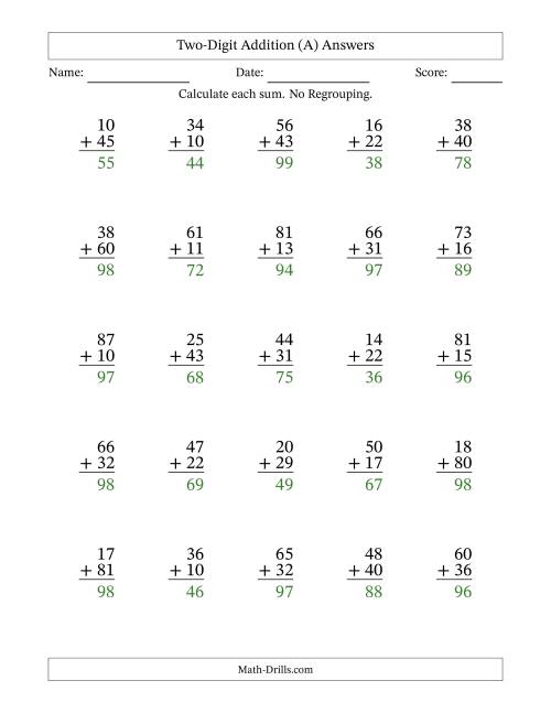 The Two-Digit Addition With No Regrouping – 25 Questions (A) Math Worksheet Page 2