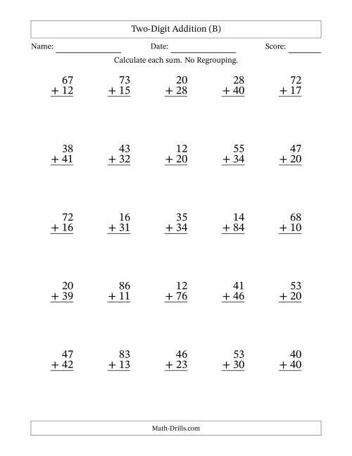 The Two-Digit Addition With No Regrouping – 25 Questions (B) Math Worksheet