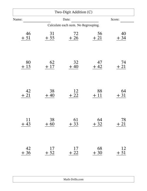 The Two-Digit Addition With No Regrouping – 25 Questions (C) Math Worksheet