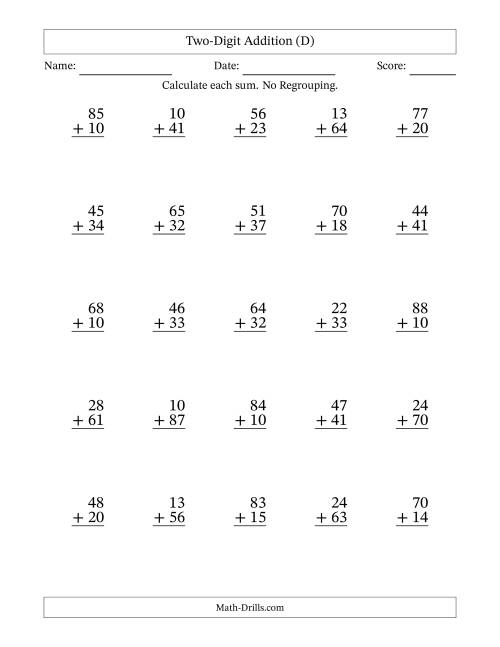 The Two-Digit Addition With No Regrouping – 25 Questions (D) Math Worksheet