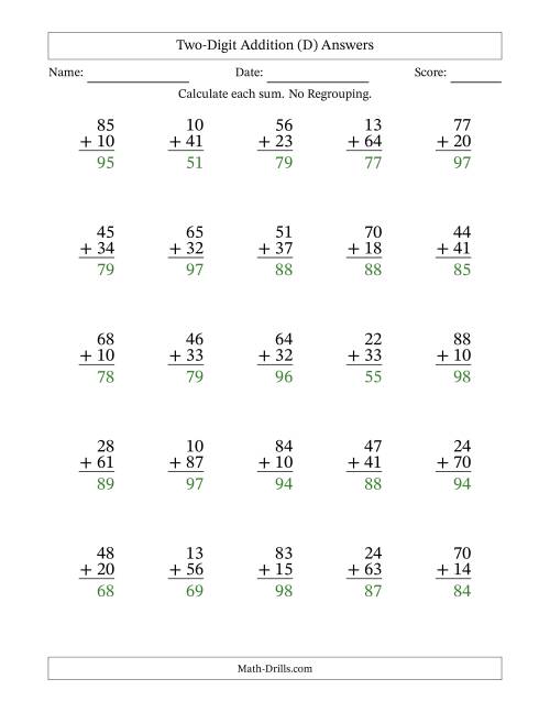 The Two-Digit Addition With No Regrouping – 25 Questions (D) Math Worksheet Page 2