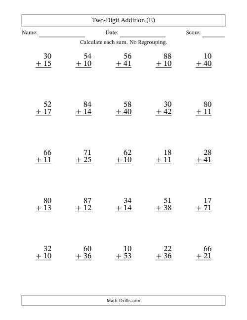 The Two-Digit Addition With No Regrouping – 25 Questions (E) Math Worksheet