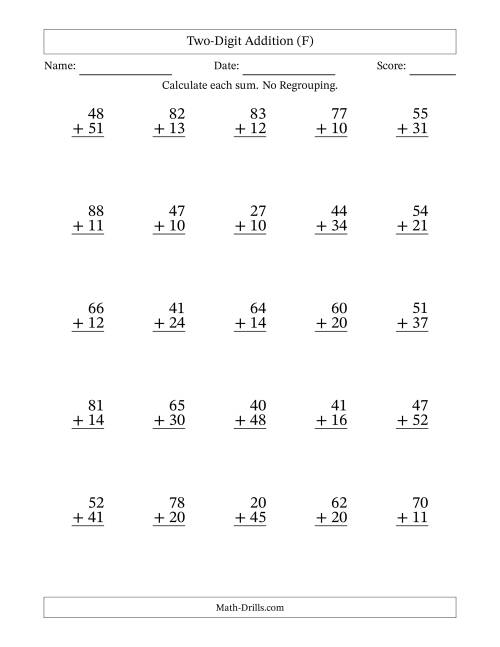 The Two-Digit Addition With No Regrouping – 25 Questions (F) Math Worksheet