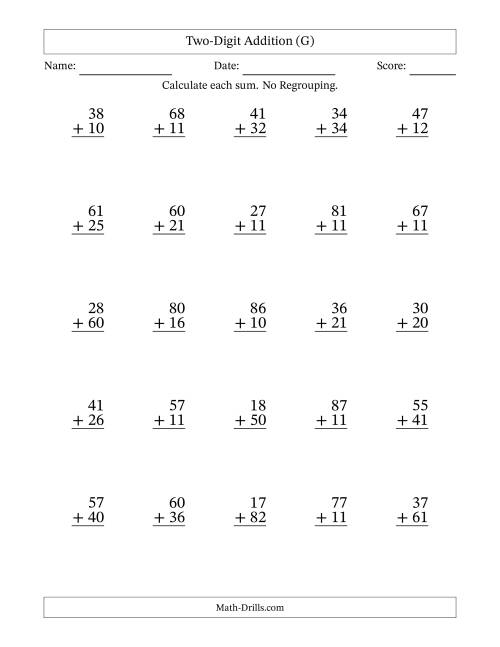 The Two-Digit Addition With No Regrouping – 25 Questions (G) Math Worksheet