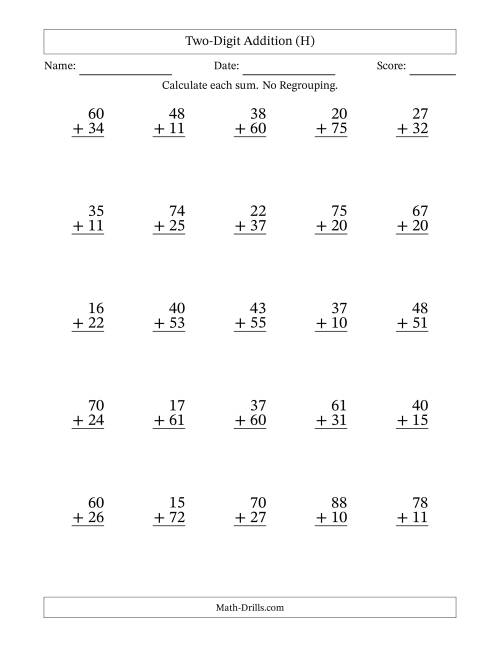 The Two-Digit Addition With No Regrouping – 25 Questions (H) Math Worksheet