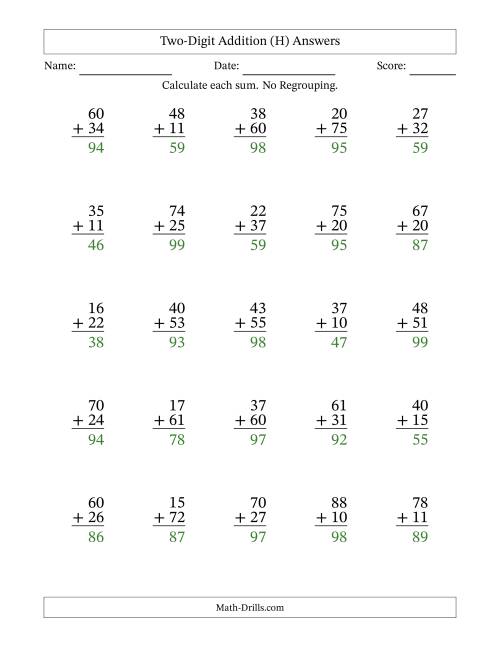 The Two-Digit Addition With No Regrouping – 25 Questions (H) Math Worksheet Page 2