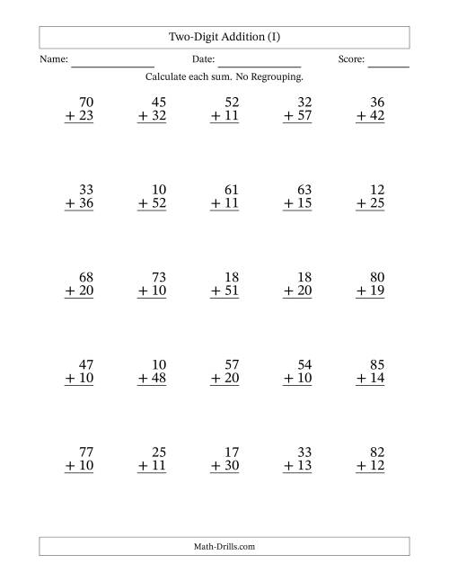 The Two-Digit Addition With No Regrouping – 25 Questions (I) Math Worksheet